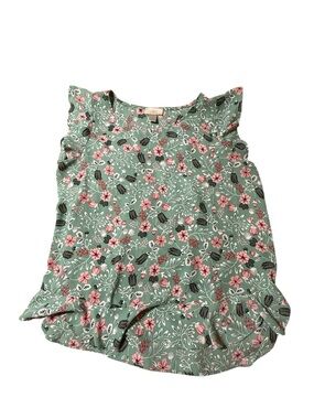 Loft Green Dressy Blouse L Green Floral Lined Sleeveless Ruffled